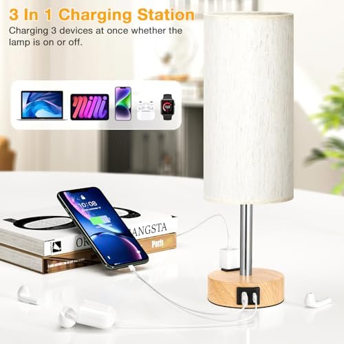 Touch Bedside Table Lamps Set - 3 Way Dimmable Bedroom Lamps Set of 2 with USB C and A Ports, Small Lamps for Nightstand with AC Outlet, Wood Base Round Flaxen Shade for Desk, Office, Dorm, Nursery