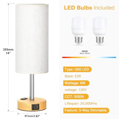 Touch Bedside Table Lamps Set - 3 Way Dimmable Bedroom Lamps Set of 2 with USB C and A Ports, Small Lamps for Nightstand with AC Outlet, Wood Base Round Flaxen Shade for Desk, Office, Dorm, Nursery