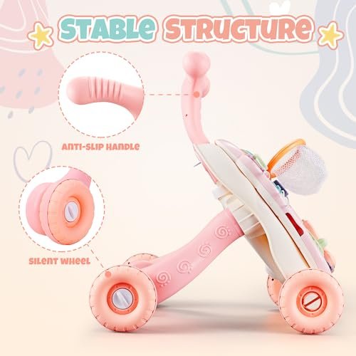 TOY Life 3 in 1 Baby Push Walker and Activity Center for Girl, Sit to Stand Walker for Babies 6-12 Months, Walking Toys with Music Panel for Infants and Toddlers Learning to Walk Pink