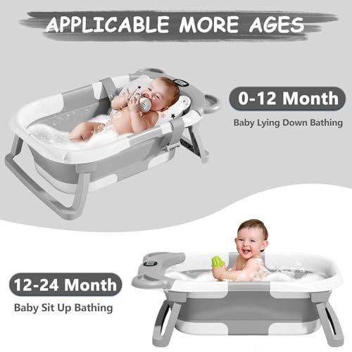 TPN Collapsible Baby Bathtub with Soft Cushion & Real-Time Thermometer Monitor, Foldable Infant to Toddler Tub (0-36 Months), Portable for Travel & Home Use