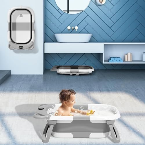TPN Collapsible Baby Bathtub with Soft Cushion & Real-Time Thermometer Monitor, Foldable Infant to Toddler Tub (0-36 Months), Portable for Travel & Home Use