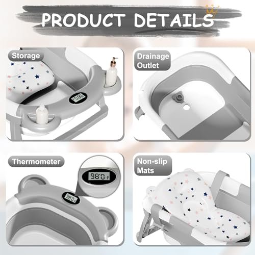 TPN Collapsible Baby Bathtub with Soft Cushion & Real-Time Thermometer Monitor, Foldable Infant to Toddler Tub (0-36 Months), Portable for Travel & Home Use