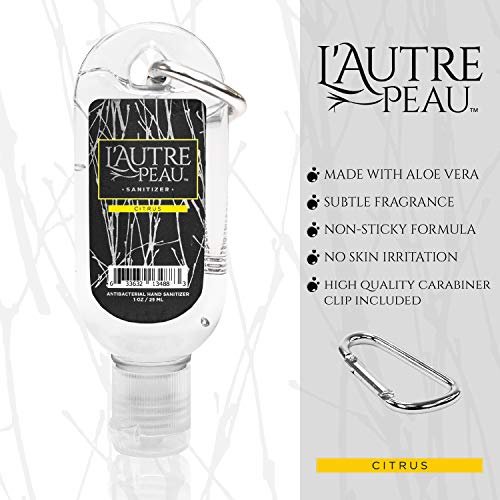 Travel Hand Sanitizer Gel with Aloe Vera & Vitamin E Made by L’AUTRE PEAU - Citrus Scented Alcohol Based Liquid Instant Hand Cleaner Pocket Sanitizer with Carabiner Clip (1oz 3 Pack)