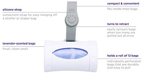 Ubbi Retractable On the Go Bag Dispenser for Baby Travel, Diaper Accessory Must Have for Newborn, Helpful Item, Baby Gift, Lavender Scented, White