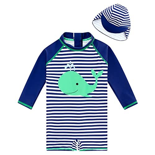 uideazone Baby Boys One Piece Swimsuit Long Sleeve UPF 50+ Rash Guard Bathing Suit Swimwear with Sun Hat 0-24 Months