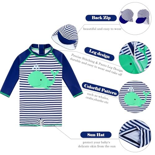 uideazone Baby Boys One Piece Swimsuit Long Sleeve UPF 50+ Rash Guard Bathing Suit Swimwear with Sun Hat 0-24 Months