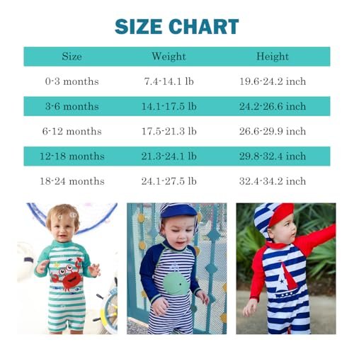 uideazone Baby Boys One Piece Swimsuit Long Sleeve UPF 50+ Rash Guard Bathing Suit Swimwear with Sun Hat 0-24 Months