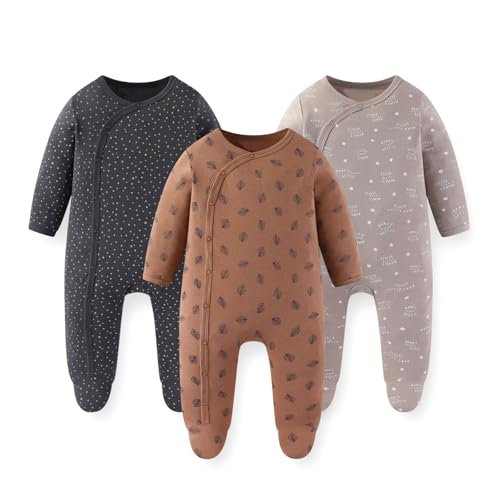 Unisex Baby Boy Girl Footies Rompers Cotton Long Sleeve 3 Pack Infant Jumpsuits 0-12Months Babies' Outfits