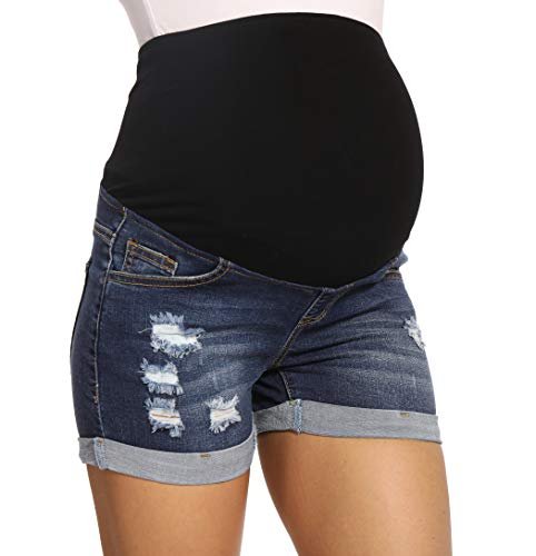 V VOCNI Maternity Denim Shorts Women's Summer High Waist Distressed Cuffed Hem Casual Denim Jeans Short