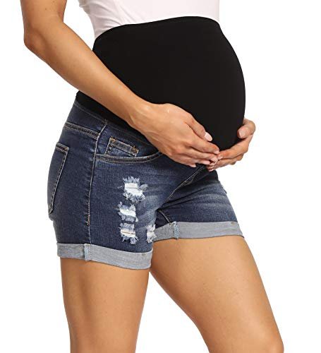 V VOCNI Maternity Denim Shorts Women's Summer High Waist Distressed Cuffed Hem Casual Denim Jeans Short
