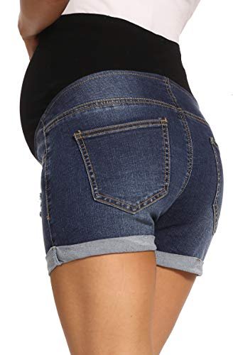 V VOCNI Maternity Denim Shorts Women's Summer High Waist Distressed Cuffed Hem Casual Denim Jeans Short