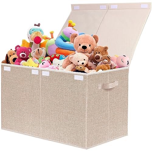 VERONLY Large Toy Box Chest Storage with Lid - Collapsible Kids Toys Boxes Organizer Bins Baskets with Handles for Boys, Girls, Nursery, Playroom, Clothes, Blanket, Bedroom(Beige)