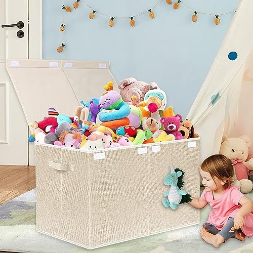 VERONLY Large Toy Box Chest Storage with Lid - Collapsible Kids Toys Boxes Organizer Bins Baskets with Handles for Boys, Girls, Nursery, Playroom, Clothes, Blanket, Bedroom(Beige)