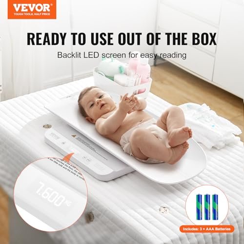 VEVOR Baby Scale, Smart Bluetooth Infant Weight Scale, 2-in-1 Digital Baby Scale for Weighing with Detachable Tray, Hold & Tare Function, 5 Units for Toddler, Pet, 66LBS Capacity (3 x Battery Include)