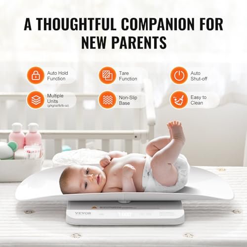 VEVOR Baby Scale, Smart Bluetooth Infant Weight Scale, 2-in-1 Digital Baby Scale for Weighing with Detachable Tray, Hold & Tare Function, 5 Units for Toddler, Pet, 66LBS Capacity (3 x Battery Include)