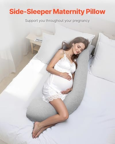 VEVOR Pregnancy Pillows for Side Sleeping, L-Shaped Maternity Pillow for Pregnant Women, Soft & Breathable Pregnancy Body Pillow with Washable Jersey Cover for Head Neck Belly Leg Support, Light Gray