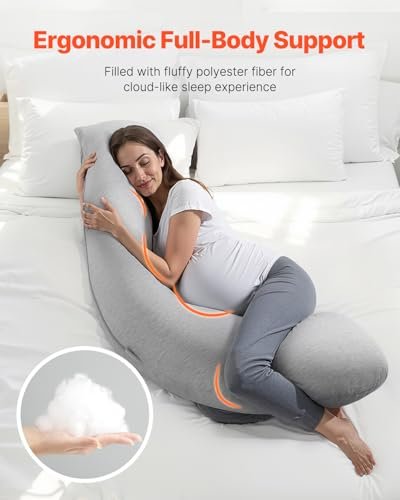 VEVOR Pregnancy Pillows for Side Sleeping, L-Shaped Maternity Pillow for Pregnant Women, Soft & Breathable Pregnancy Body Pillow with Washable Jersey Cover for Head Neck Belly Leg Support, Light Gray