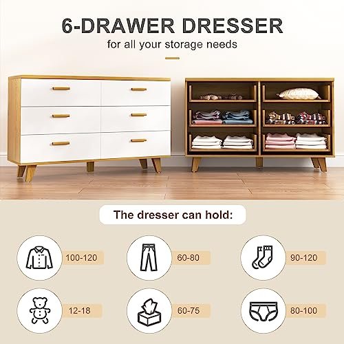Vibe & Dine 6 Drawer Dresser, White Wooden Dresser for Bedroom, Wide Chest of Drawers with Solid Wood Handles and Legs for Living Room