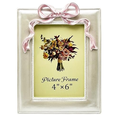 Vintage Picture Frame 4x6 Inch, Antique Ornate Photo Frames with Glass Front, Cute Bow Design, Tabletop & Wall Hanging, Home Decor, Gift Ideas, Pearly White