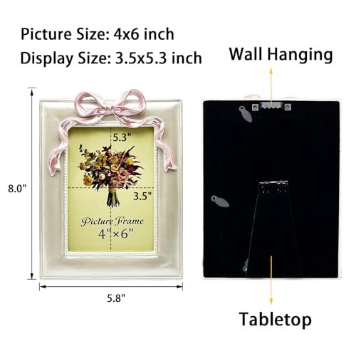 Vintage Picture Frame 4x6 Inch, Antique Ornate Photo Frames with Glass Front, Cute Bow Design, Tabletop & Wall Hanging, Home Decor, Gift Ideas, Pearly White