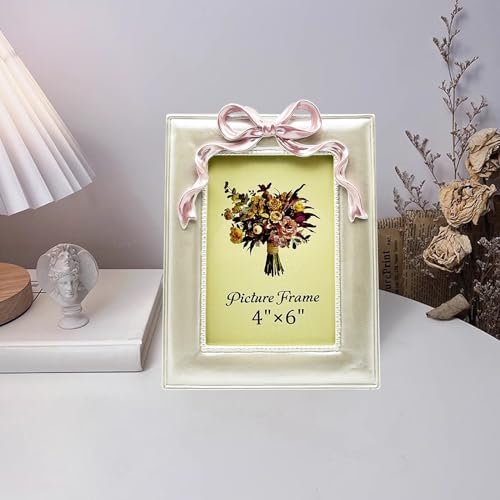Vintage Picture Frame 4x6 Inch, Antique Ornate Photo Frames with Glass Front, Cute Bow Design, Tabletop & Wall Hanging, Home Decor, Gift Ideas, Pearly White