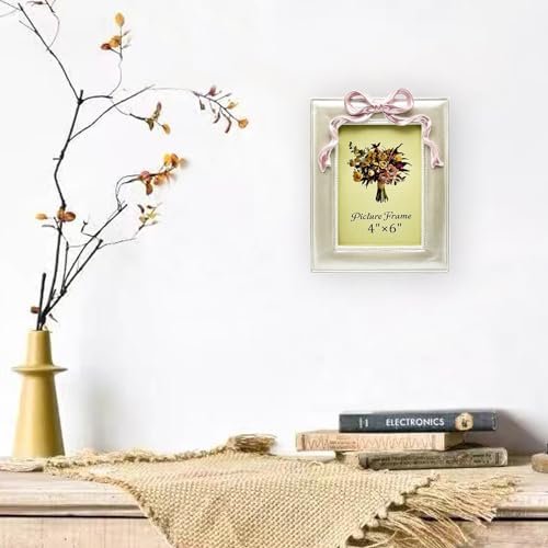 Vintage Picture Frame 4x6 Inch, Antique Ornate Photo Frames with Glass Front, Cute Bow Design, Tabletop & Wall Hanging, Home Decor, Gift Ideas, Pearly White