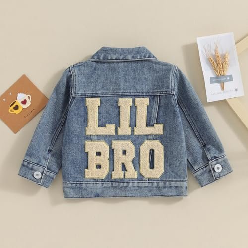 VISGOGO Toddler Baby Girl Jacket Big Lil Sister/Brother Letter Embroidery Jean Long Sleeve Cardigan Button Denim Coat
