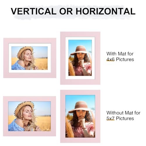 Vittanly 5x7 Picture Frame, Engineered Wood with Shatter Resistant Plexiglass, Display Pictures 4x6 with Mat or 5x7 without Mat, Photo Frame for Wall or Table Top Display, Pink, 1 Pack