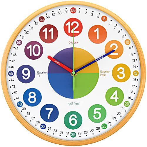 VREAONE Teaching Clock for Kids 12 Inch Learning Wall Clock - Silent Movement, Colorful Numerals for Classroom, Playroom, Nursery, Bedrooms, School