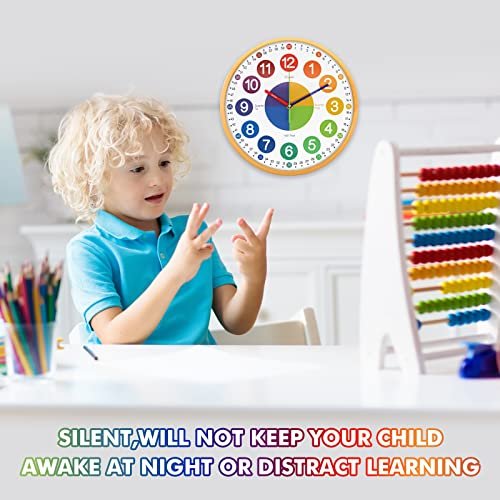VREAONE Teaching Clock for Kids 12 Inch Learning Wall Clock - Silent Movement, Colorful Numerals for Classroom, Playroom, Nursery, Bedrooms, School