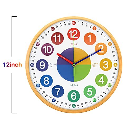 VREAONE Teaching Clock for Kids 12 Inch Learning Wall Clock - Silent Movement, Colorful Numerals for Classroom, Playroom, Nursery, Bedrooms, School