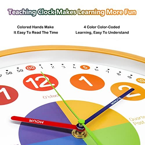 VREAONE Teaching Clock for Kids 12 Inch Learning Wall Clock - Silent Movement, Colorful Numerals for Classroom, Playroom, Nursery, Bedrooms, School