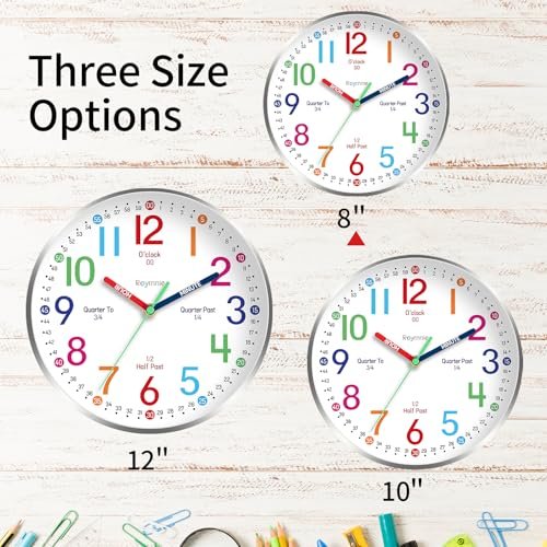 Wall Clock for Kids Learning to Tell Time Easily Non Ticking Battery Operated Kids Teaching Clock Silent Colorful Teaching Time Clock Decorative for Kids Room Classroom School (8 Inch)
