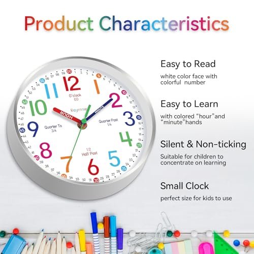 Wall Clock for Kids Learning to Tell Time Easily Non Ticking Battery Operated Kids Teaching Clock Silent Colorful Teaching Time Clock Decorative for Kids Room Classroom School (8 Inch)