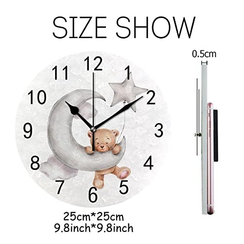 Wall Clock for Living Room Decor Cute Teddy Bear Star Moon PVC 9.8 Inch Hanging Round Desk Clocks Silent Non-Ticking Battery Operated Easy to Read Bathroom Kitchen Office