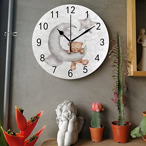 Wall Clock for Living Room Decor Cute Teddy Bear Star Moon PVC 9.8 Inch Hanging Round Desk Clocks Silent Non-Ticking Battery Operated Easy to Read Bathroom Kitchen Office