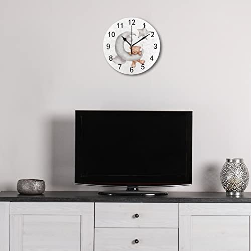 Wall Clock for Living Room Decor Cute Teddy Bear Star Moon PVC 9.8 Inch Hanging Round Desk Clocks Silent Non-Ticking Battery Operated Easy to Read Bathroom Kitchen Office