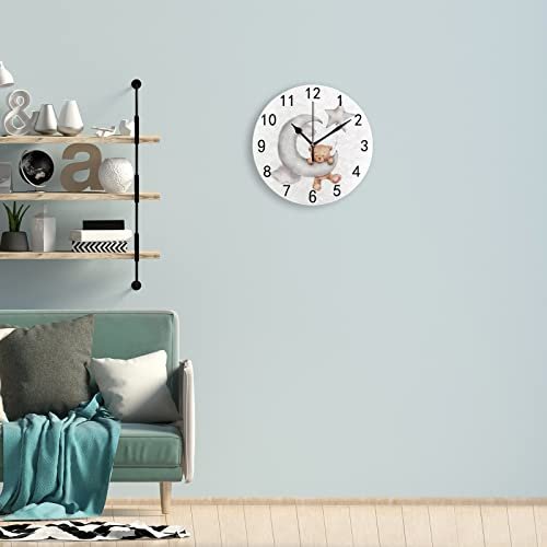 Wall Clock for Living Room Decor Cute Teddy Bear Star Moon PVC 9.8 Inch Hanging Round Desk Clocks Silent Non-Ticking Battery Operated Easy to Read Bathroom Kitchen Office