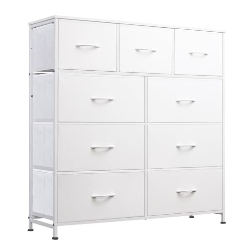 WLIVE 9-Drawer Dresser, Fabric Storage Tower for Bedroom, Hallway, Closet, Tall Chest Organizer Unit for Bedroom with Fabric Bins, Steel Frame, Wood Top, Easy Pull Handle, White