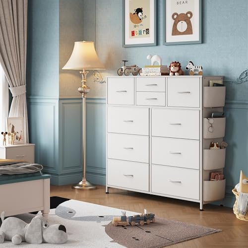 WLIVE White Dresser for Bedroom with 10 Drawers, Chest of Drawers with Side Pockets and Hooks, PU Storage Dresser, Sturdy Metal Frame, Drawers Organizer Unit for Living Room, Hallway, Closet