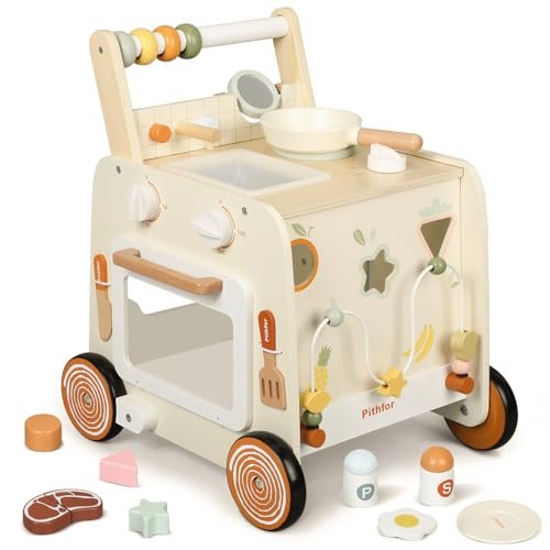 Wooden Baby Walker, 3-in-1 Baby Push Walker, with Pretend Kitchen, Montessori Sensory Activity Center, Push Walker Toys for Babies Learning to Walk, Sit-to-Stand
