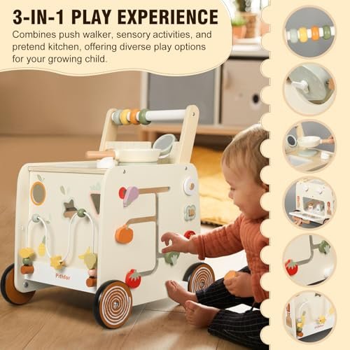 Wooden Baby Walker, 3-in-1 Baby Push Walker, with Pretend Kitchen, Montessori Sensory Activity Center, Push Walker Toys for Babies Learning to Walk, Sit-to-Stand