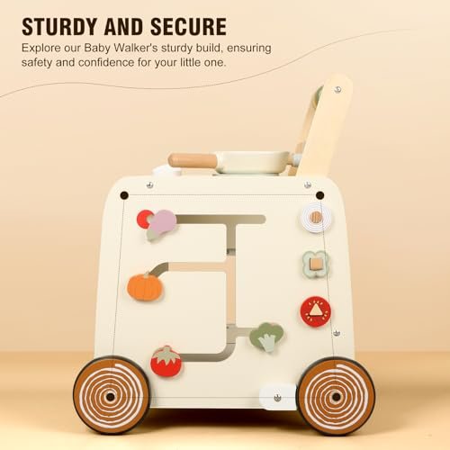 Wooden Baby Walker, 3-in-1 Baby Push Walker, with Pretend Kitchen, Montessori Sensory Activity Center, Push Walker Toys for Babies Learning to Walk, Sit-to-Stand