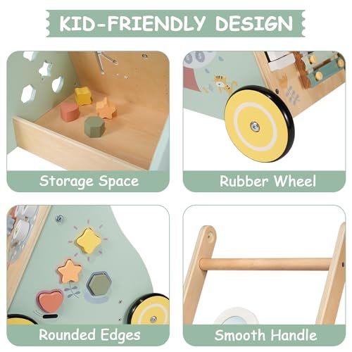 Wooden Baby Walker, Multiple Learning Activities Center Develops Motor Skills for Infant to Toddler, Push and Pull Walkers with Wheel for Boys Girls