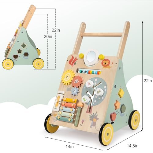 Wooden Baby Walker, Multiple Learning Activities Center Develops Motor Skills for Infant to Toddler, Push and Pull Walkers with Wheel for Boys Girls
