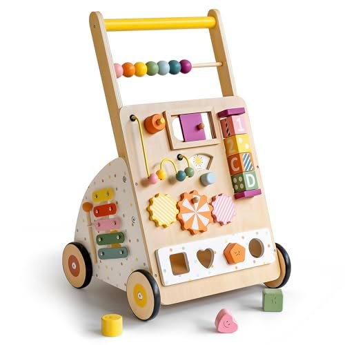 Wooden Baby Walker with Activity Center – Montessori Push Walker Toys for Boys & Girls 18 Months+ – Educational Toddler Learning Walker with 10-in-1 Sensory Games