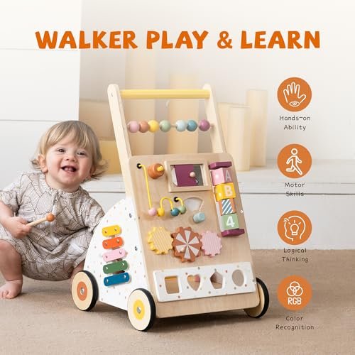 Wooden Baby Walker with Activity Center – Montessori Push Walker Toys for Boys & Girls 18 Months+ – Educational Toddler Learning Walker with 10-in-1 Sensory Games