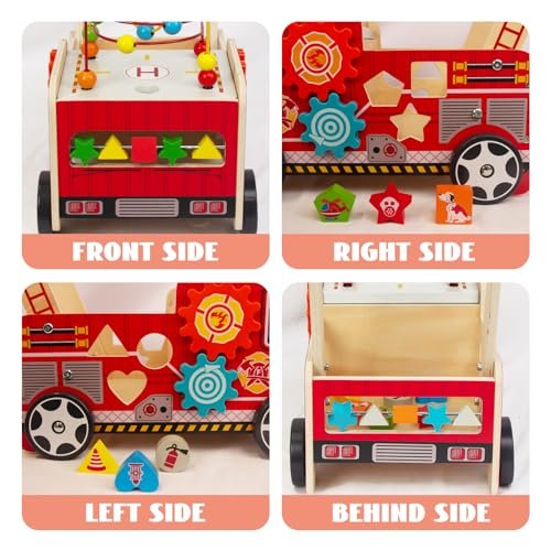 Wooden Baby Walker with Bead Maze for 1 Year Old and up, Wood Push Toy for 12 Month, Toddle Cart with Blocks