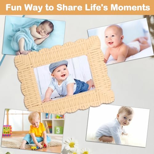 Yakucho Baby Picture Frame, Woven Rattan Picture Frame Newborn Gifts, Handmade Scalloped Acrylic Picture Frame, Baby Shower Gifts, Newborn Rattan Decor Photo Frame, Baby Baptism, Gender Reveal（4 X 6）