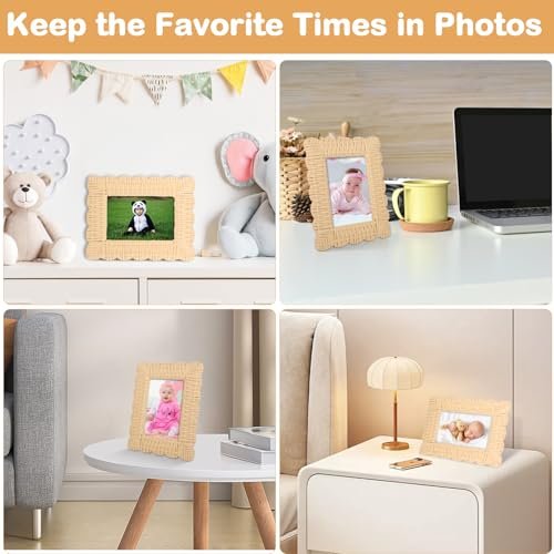 Yakucho Baby Picture Frame, Woven Rattan Picture Frame Newborn Gifts, Handmade Scalloped Acrylic Picture Frame, Baby Shower Gifts, Newborn Rattan Decor Photo Frame, Baby Baptism, Gender Reveal（4 X 6）
